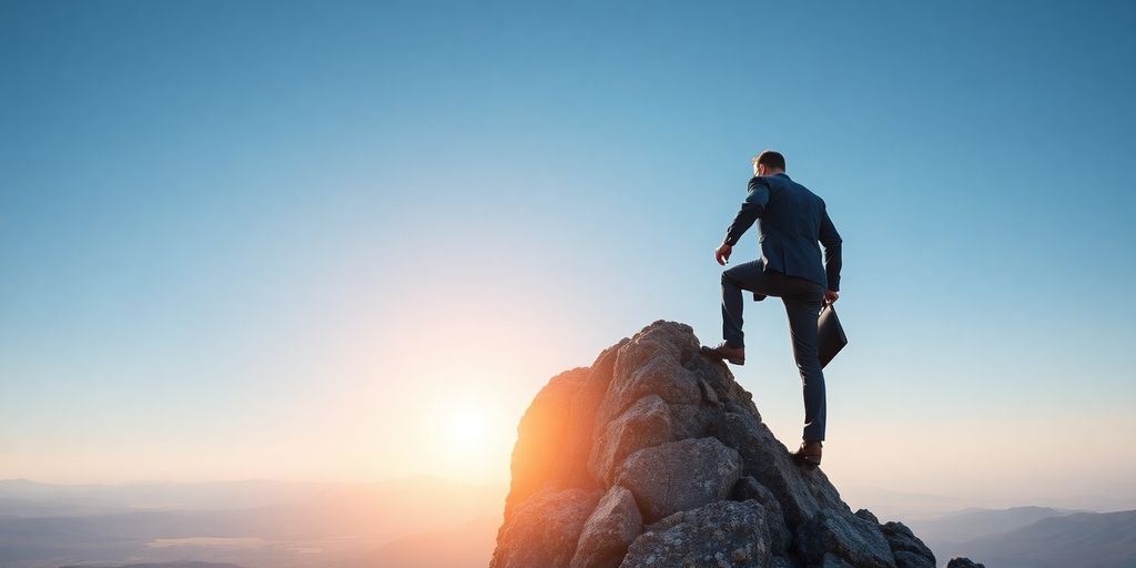 Businessperson climbing a mountain peak.