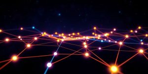 Futuristic cityscape with glowing pathways.